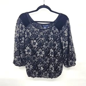 MAX EDITION‎ Black Floral Lace & Mesh Top With Velvet Trim Size Large